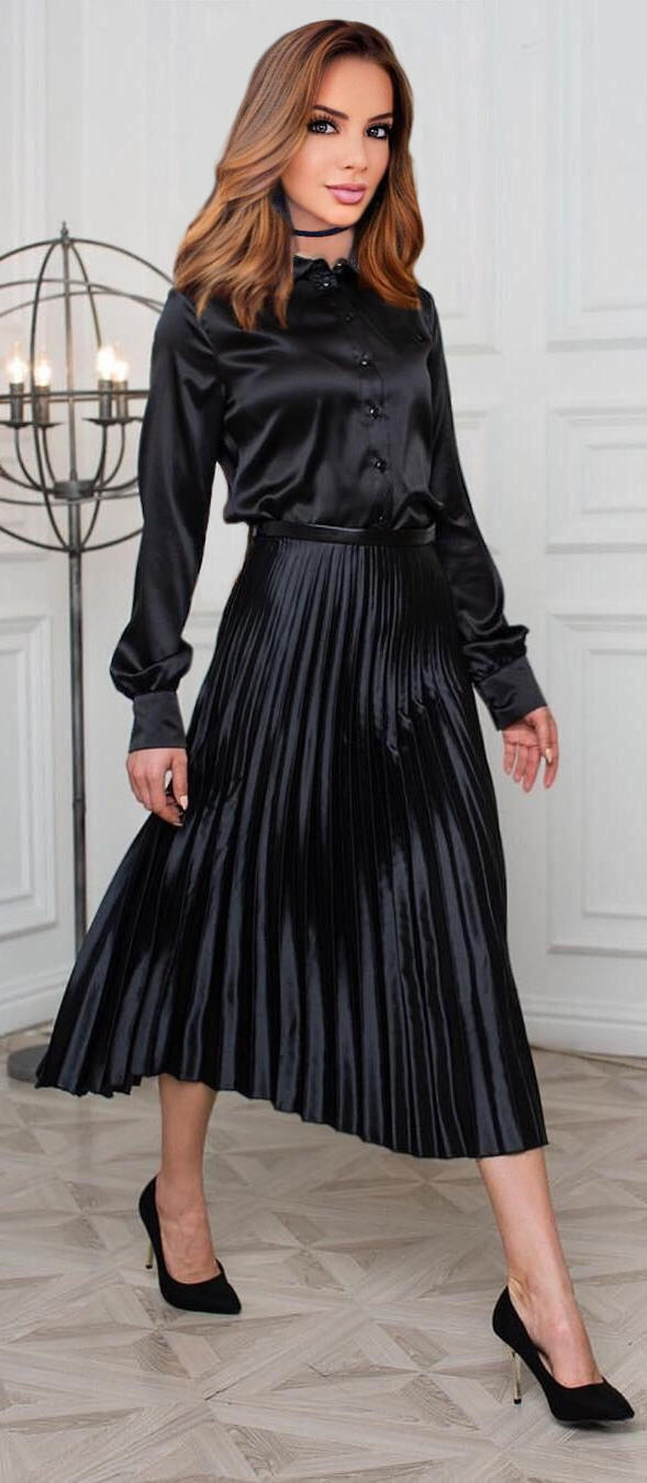Pleated Black Satin Skirt + Blouse by satinshirt on DeviantArt