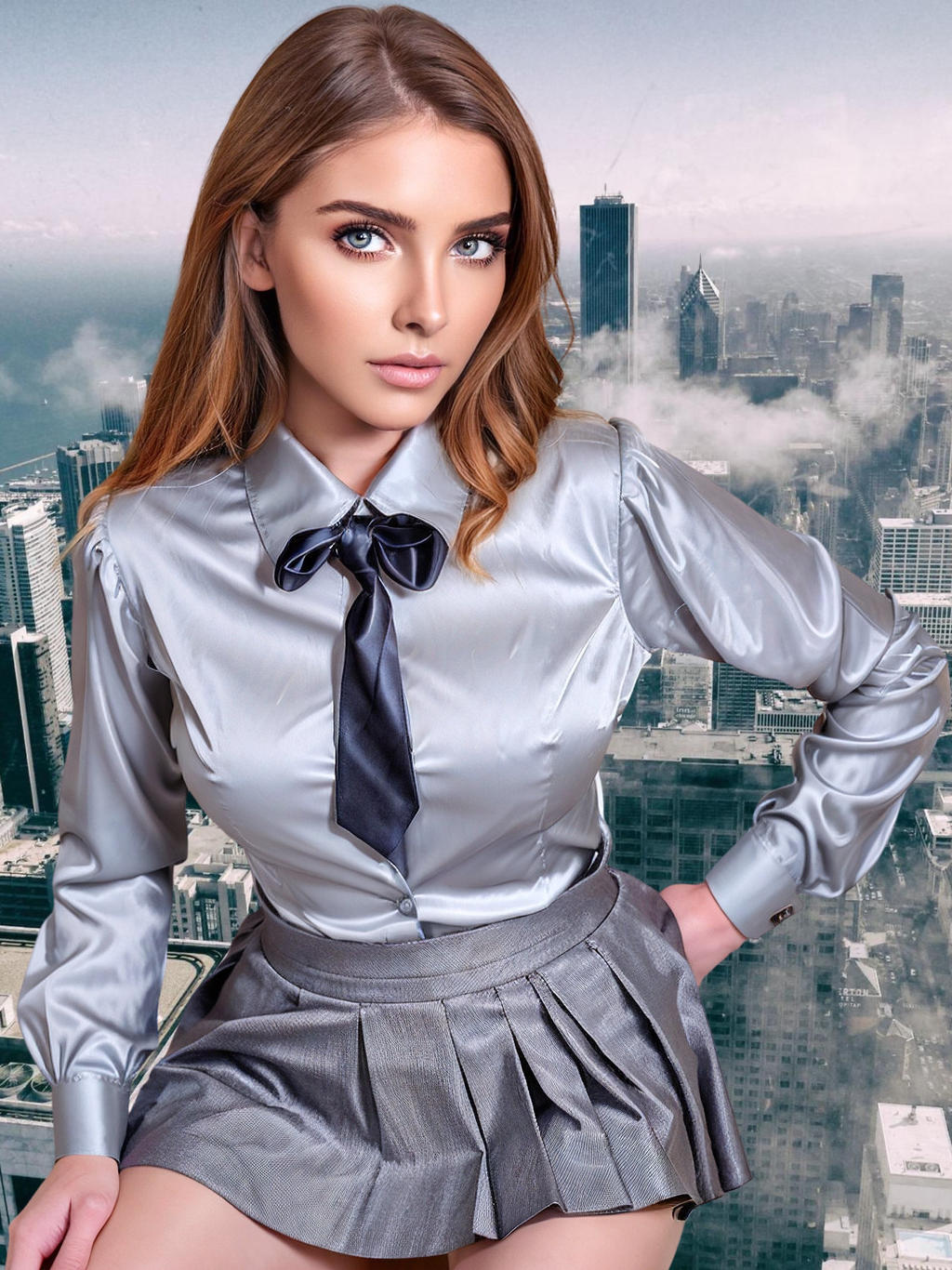 Grey satin shirt and pleated skirt by satinshirt on DeviantArt