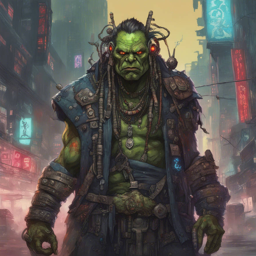 Orc shaman in cyberpunk city