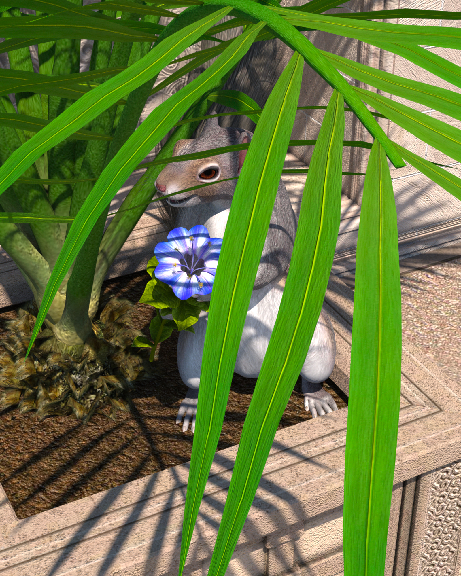 Gray Squirrel with Blue Flower