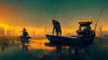 Cyberpunk Fishermen On A Boat by Midjourney