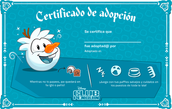 Certificado Puffle de Nieve (Olaf) by ZonianMidian on DeviantArt