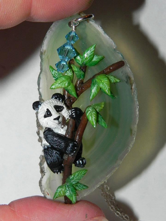Baby Panda Bear in a Tree on Teal Agate Slice, One