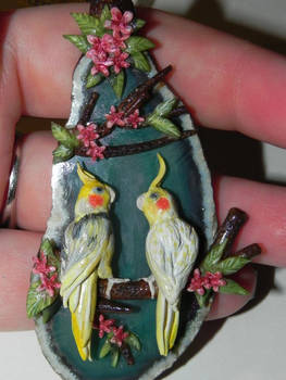 Cockatiels on Green Agate Slab Necklace