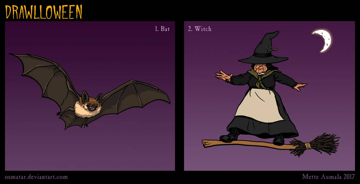 Drawlloween: Bat + Witch by Osmatar