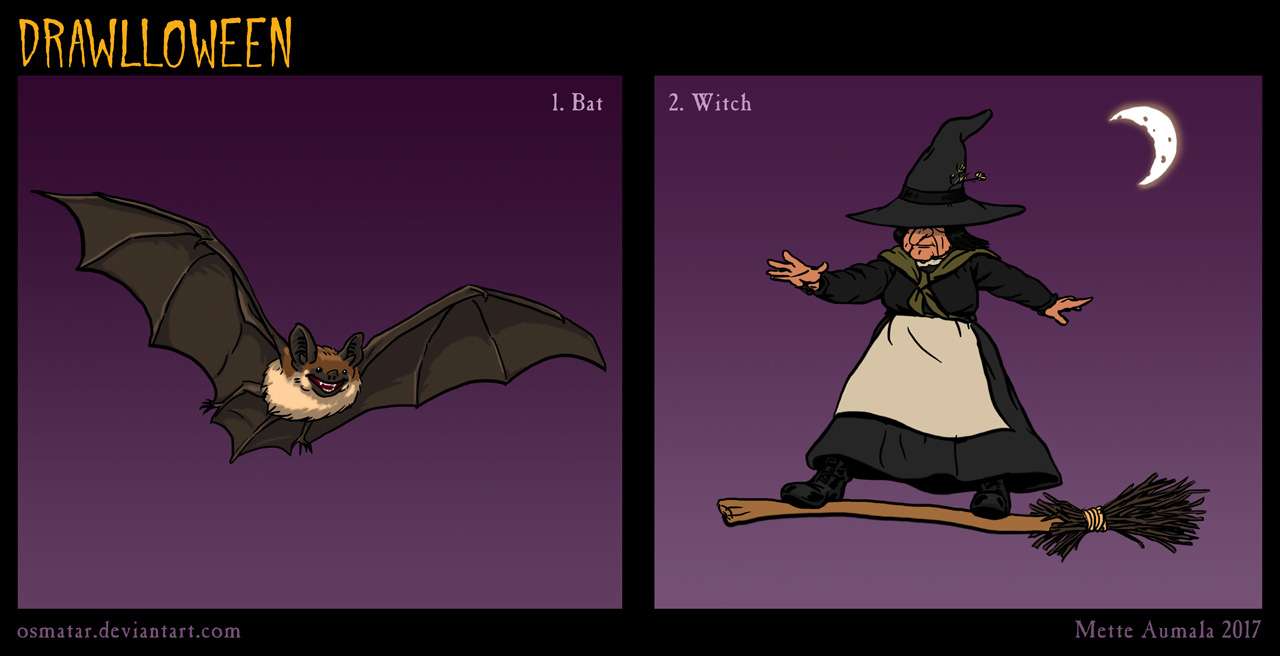 Drawlloween: Bat + Witch by Osmatar