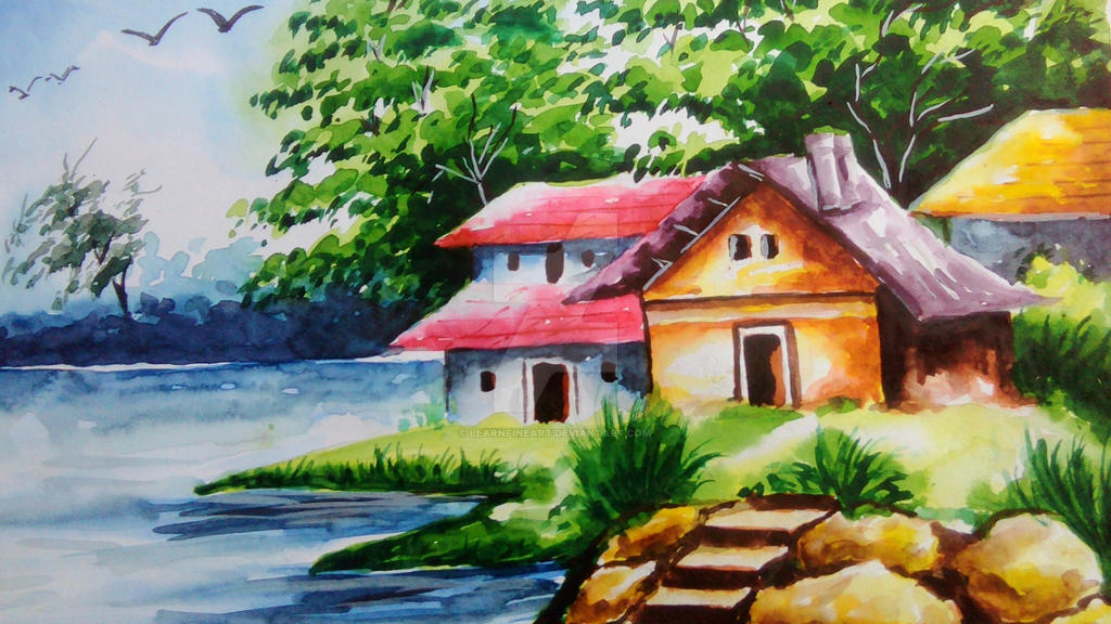 Watercolor painting of Riverside Landscape Scenery by LearnFineArt