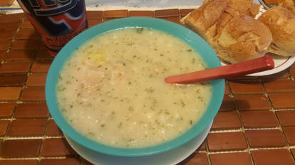 New England clam chowder. [With garlic bread]