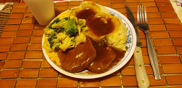 Salisbury steak and mashed potatoes.