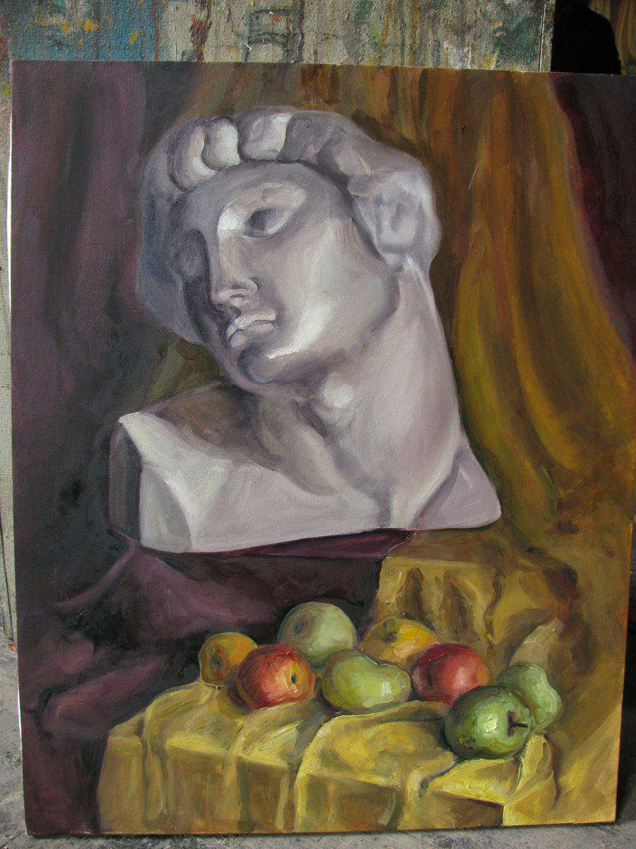 Plastic head and apples