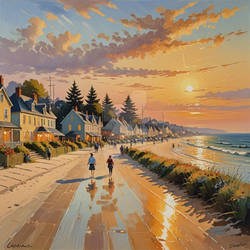 Coastal village at sunset.