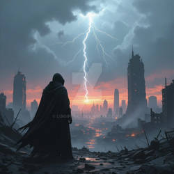 A cloaked figure on a stormy night