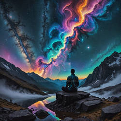 Meditative Figure Overlooking Snowy Mountains