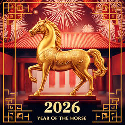 A golden horse statue with fire patterns engraved