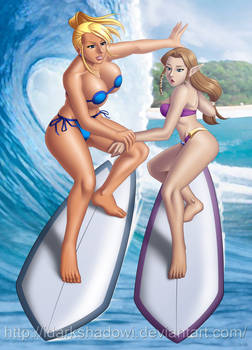 COMMISSION - Samus and Zelda surfing lessons