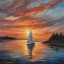 Oil painting of a colorful sunset with a sailboat 