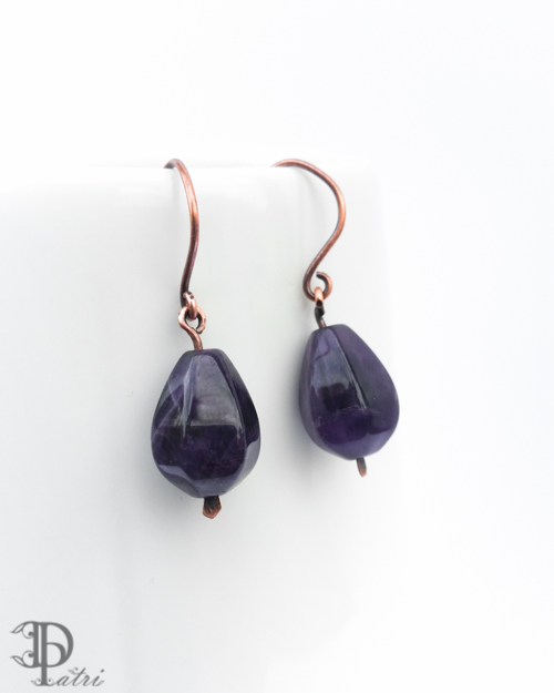 Teardrop Amethyst Antique Copper Earrings