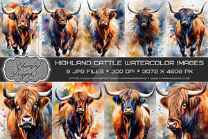 Watercolor Highland Cattle Image Bundle