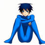Anime boy sitting wearing a blue spandex bodysuit