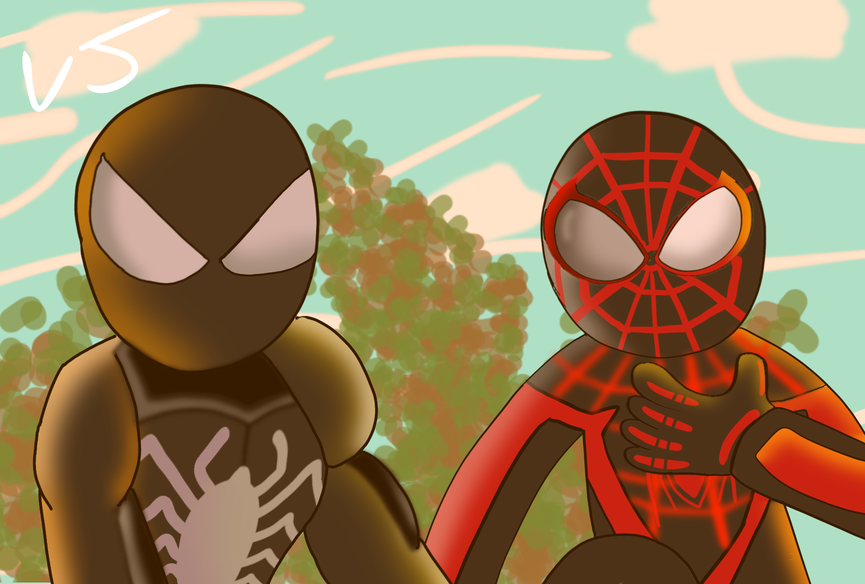 Green and brown spidersona in the style of marvels spiderman