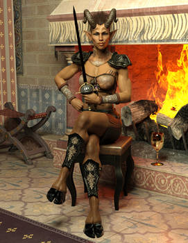 Alondra - Muscular Female Faun- Sitting by Fire