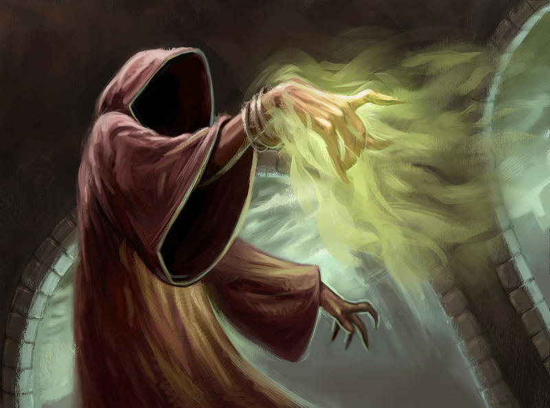 руки колдуна. магия маг. колдун маг. колдун в капюшоне. глаз колдуна на ладони.