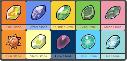 A shiny eevee presenting the three precious evolution stones: firestone,  thunderstone, waterstone.