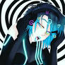 Blue-haired chick tranced by headphones