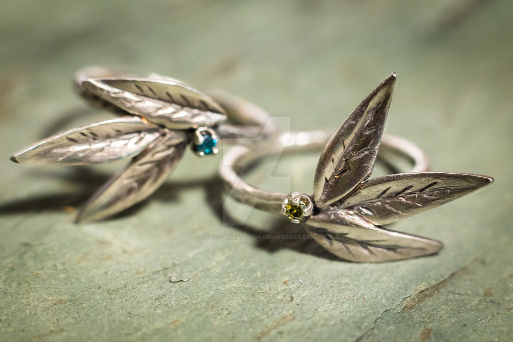 Leaf  Spray Ring in Silver with Blue and Green Dia