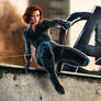 Black Widow jumps over a wall