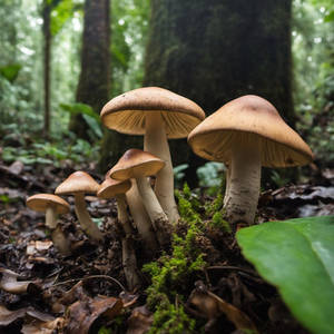 Wild mushrooms growing in the rainforest.