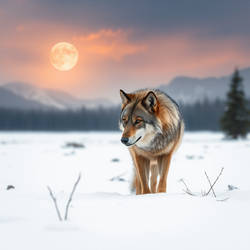 Old wolf in the snowy dessert.
