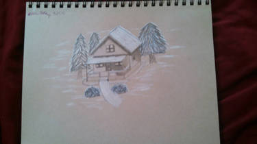 Snowy cabin in the woods