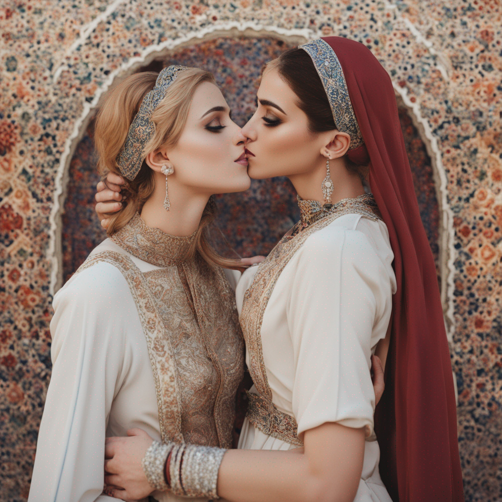 Arabic garden lesbian woman kissing lesbian woman