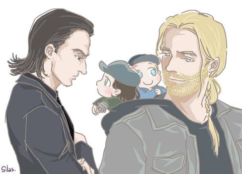 Thor and Loki and Baby Steve and Bucky