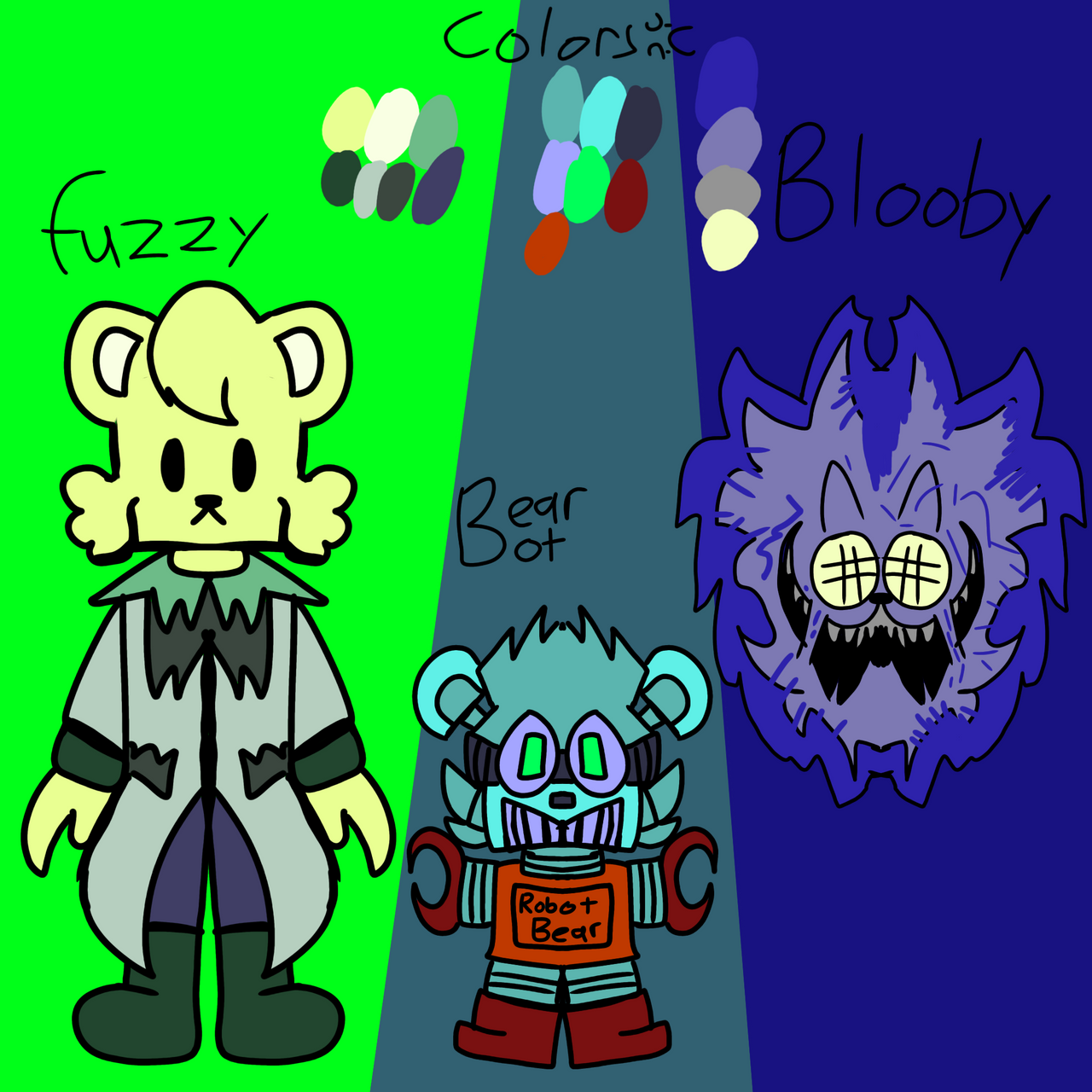 Fuzzy, Bear bot, and blooby by techno14 on DeviantArt