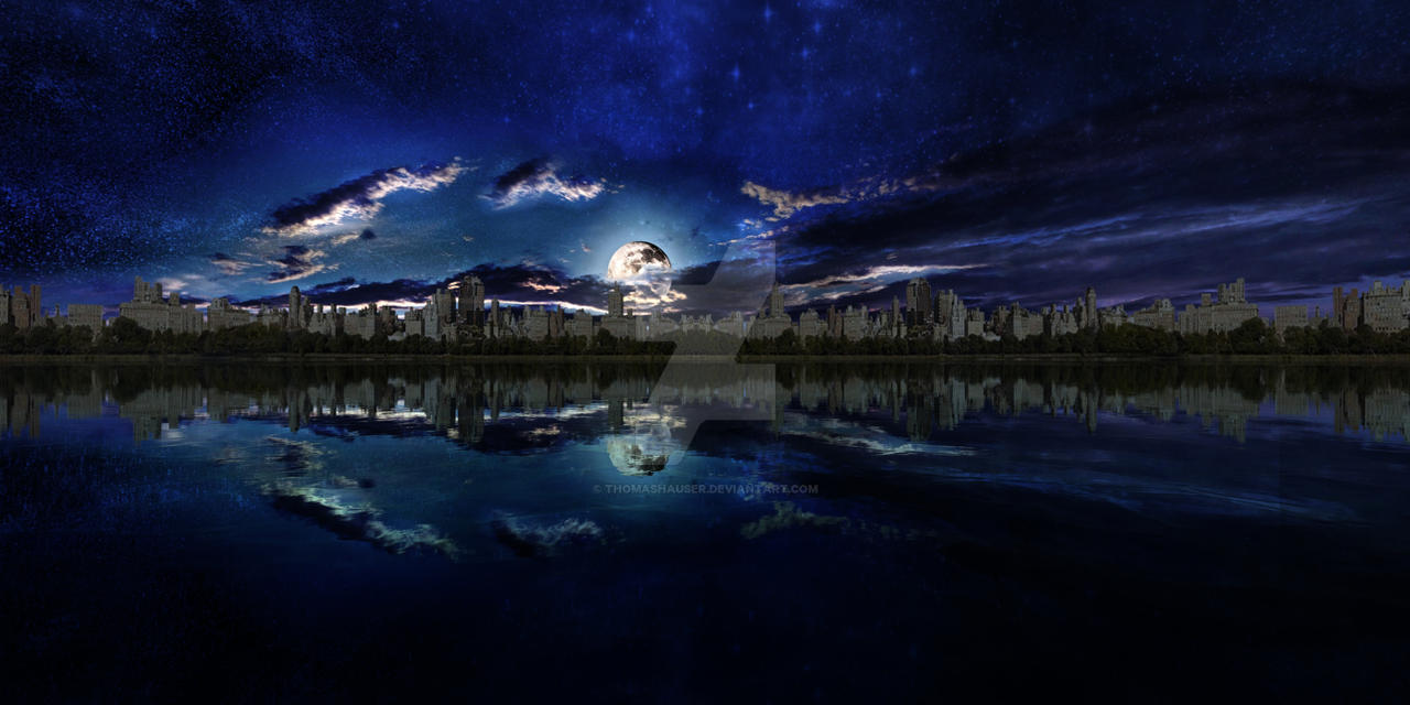 Romantic Moon over City