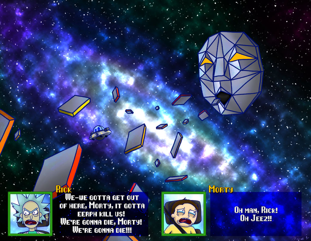 Rick and Morty on a spaceship, facing a final boss by N0XATI on DeviantArt
