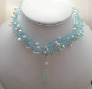 Pearl Aquamarine + Crocheted Beading Thread Collar