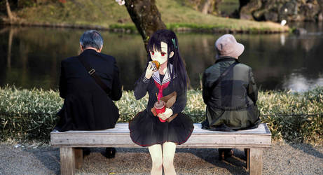 Anime Girl sitting on the bench and eating burger