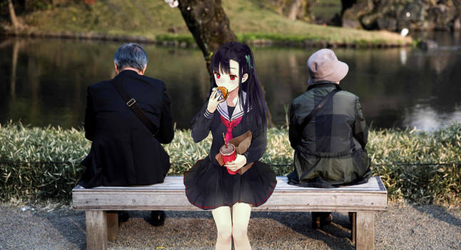 Anime Girl sitting on the bench and eating burger