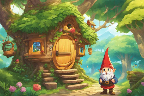 Gnome. Adorable. hat. Waving. Tree door