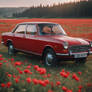 Red Family Car in a Plant-Filled Landscape