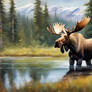A moose stands on the edge of a lake