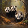 A cute group of young badgers in the forest