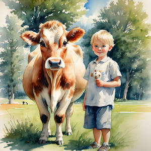 A little boy with a cow