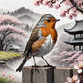 A bird by the Japanese cherry blossoms