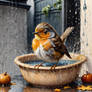 Cute baby robin taking a bath