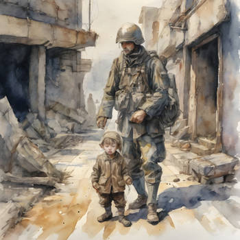 A soldier walks with a little boy