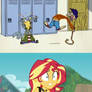 Sunset Shimmer shocked by Rolf beating Ed